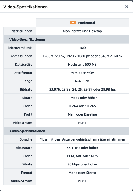 technische Vorgaben für das Video Sponsored Brand Ads 